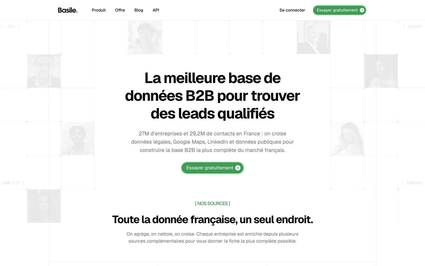 Page d’accueil de Basile, base de données B2B des entreprises françaises