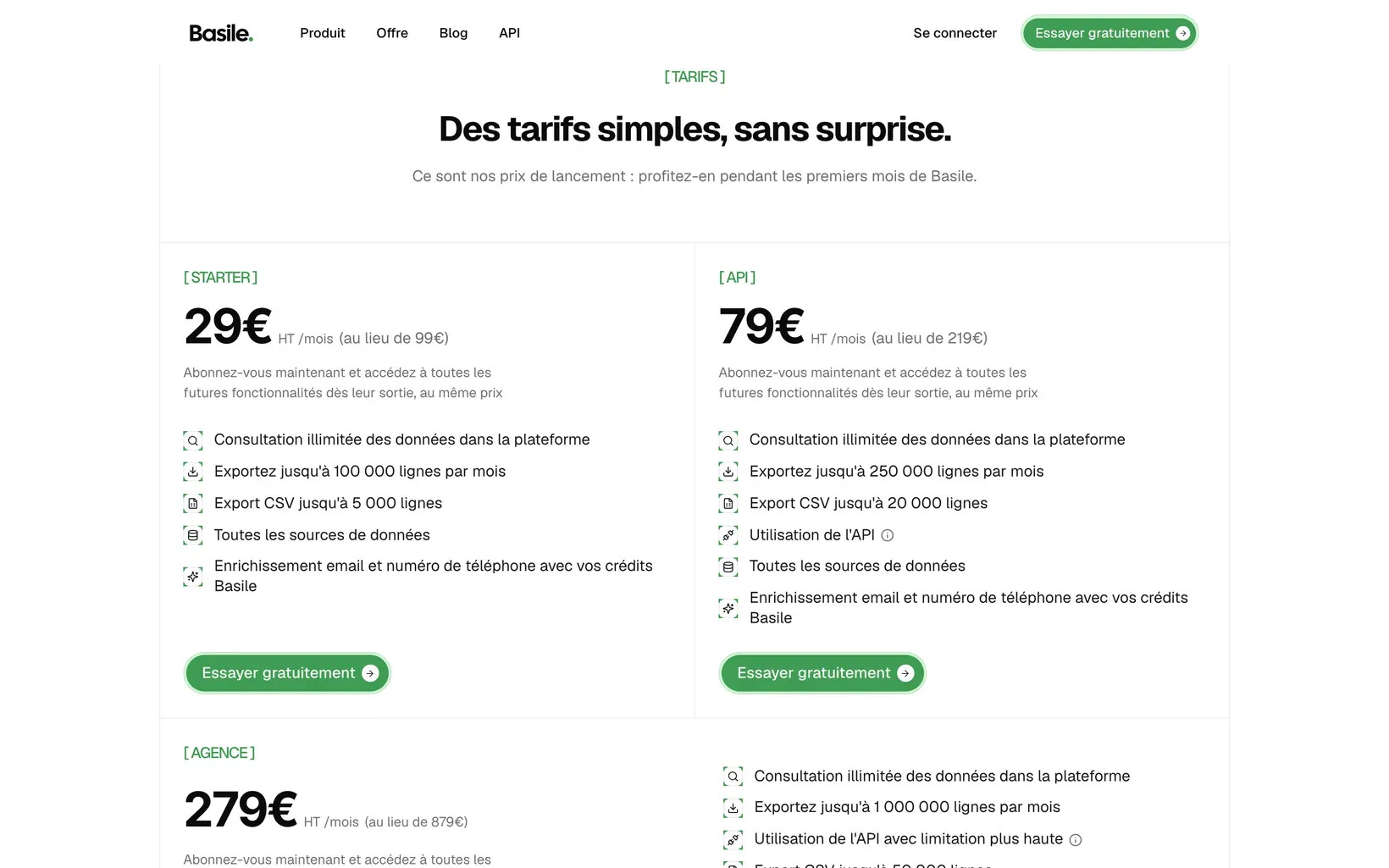 Grille tarifaire de Basile : offres Starter, API et Agence avec leurs prix de lancement HT
