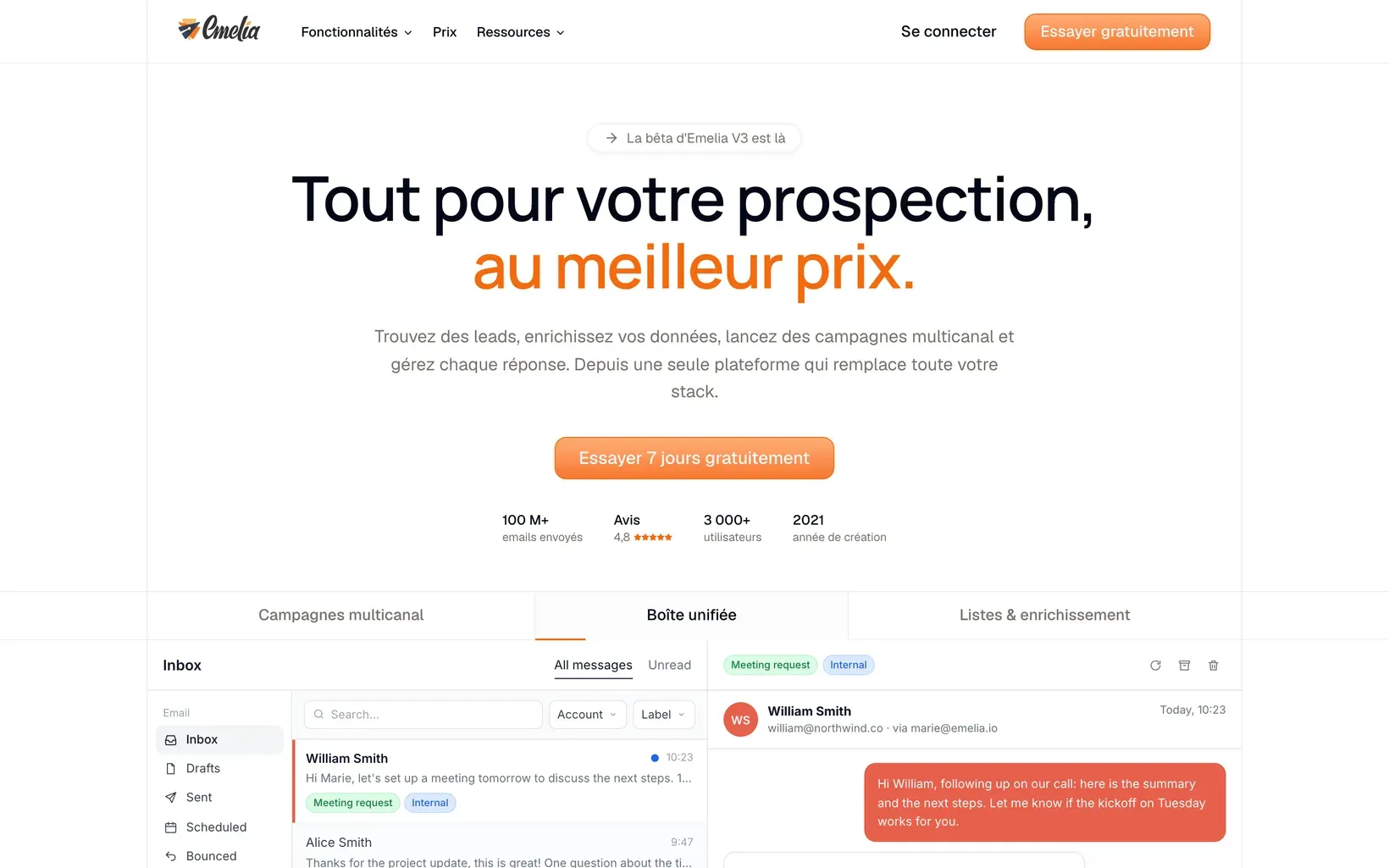 Page d’accueil du site d’Emelia, logiciel de prospection email et LinkedIn