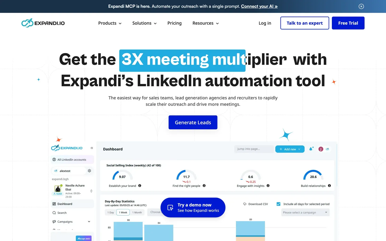 Page d’accueil d’Expandi présentant son outil d’automatisation LinkedIn et un aperçu du tableau de bord