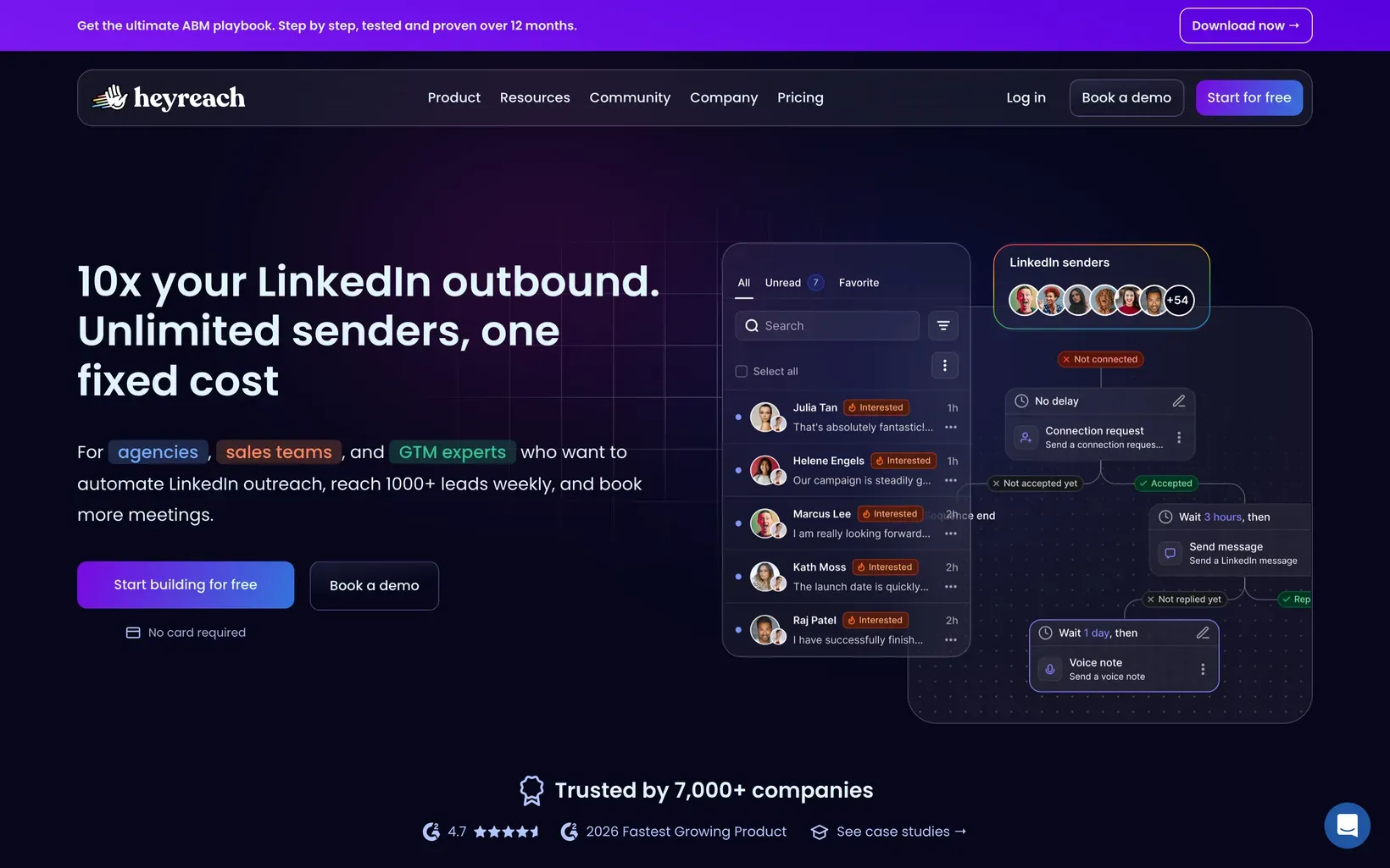 Page d’accueil de HeyReach, outil d’automatisation LinkedIn pensé pour les agences