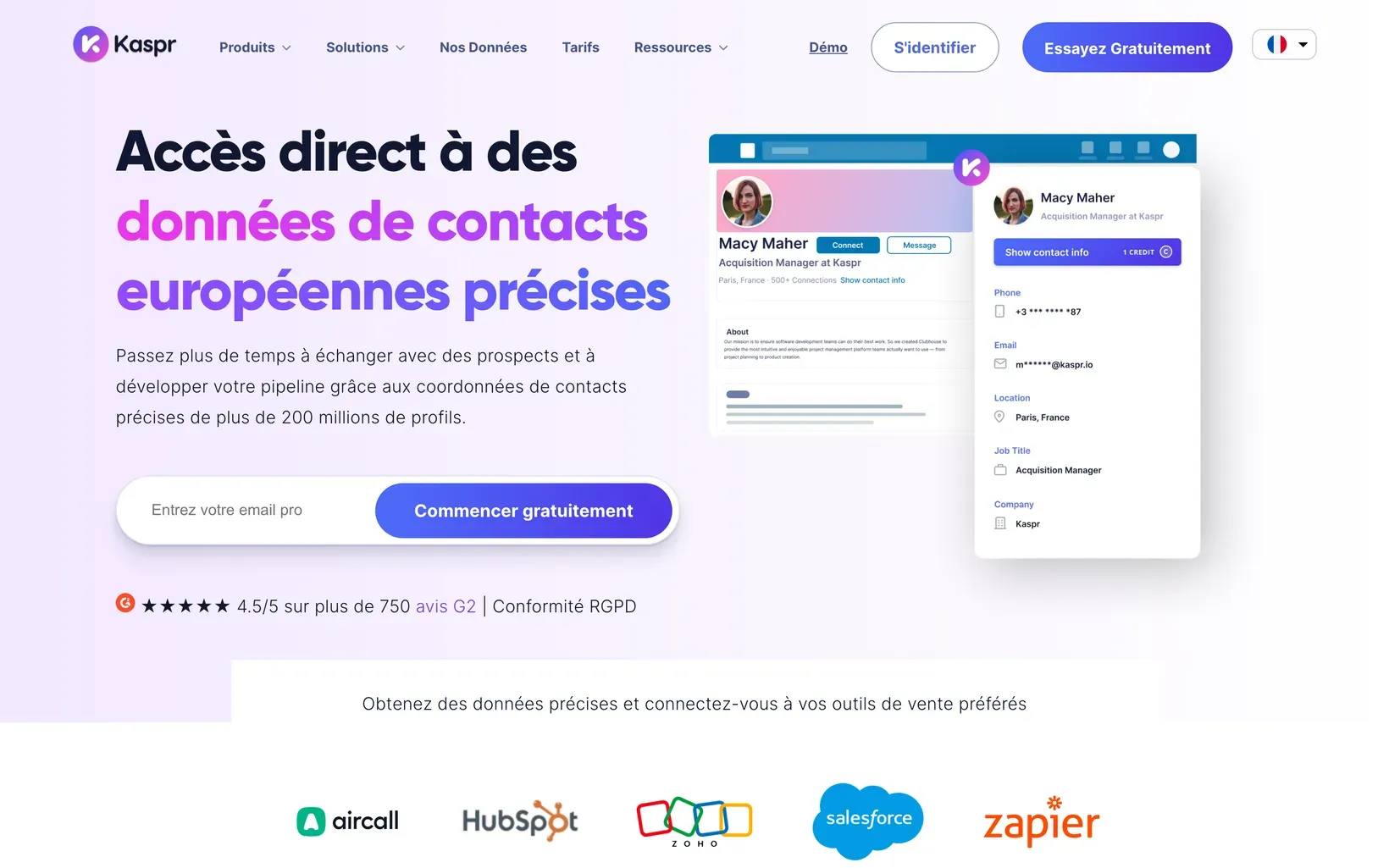 Page d’accueil de Kaspr avec un aperçu de l’extension affichant les coordonnées d’un profil