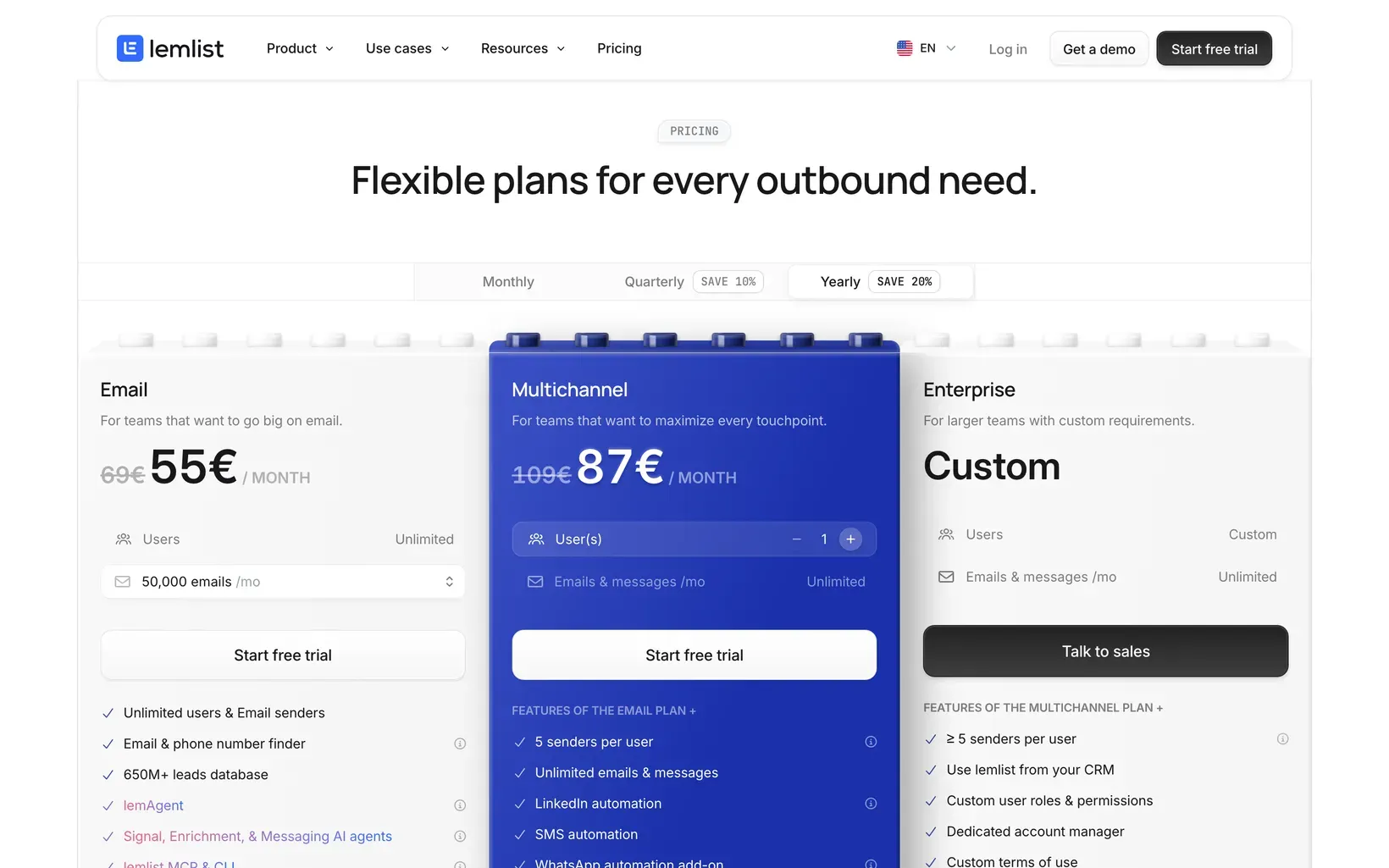 Page tarifs de lemlist en facturation annuelle : Email à 55 €, Multichannel à 87 € par mois, Enterprise sur devis