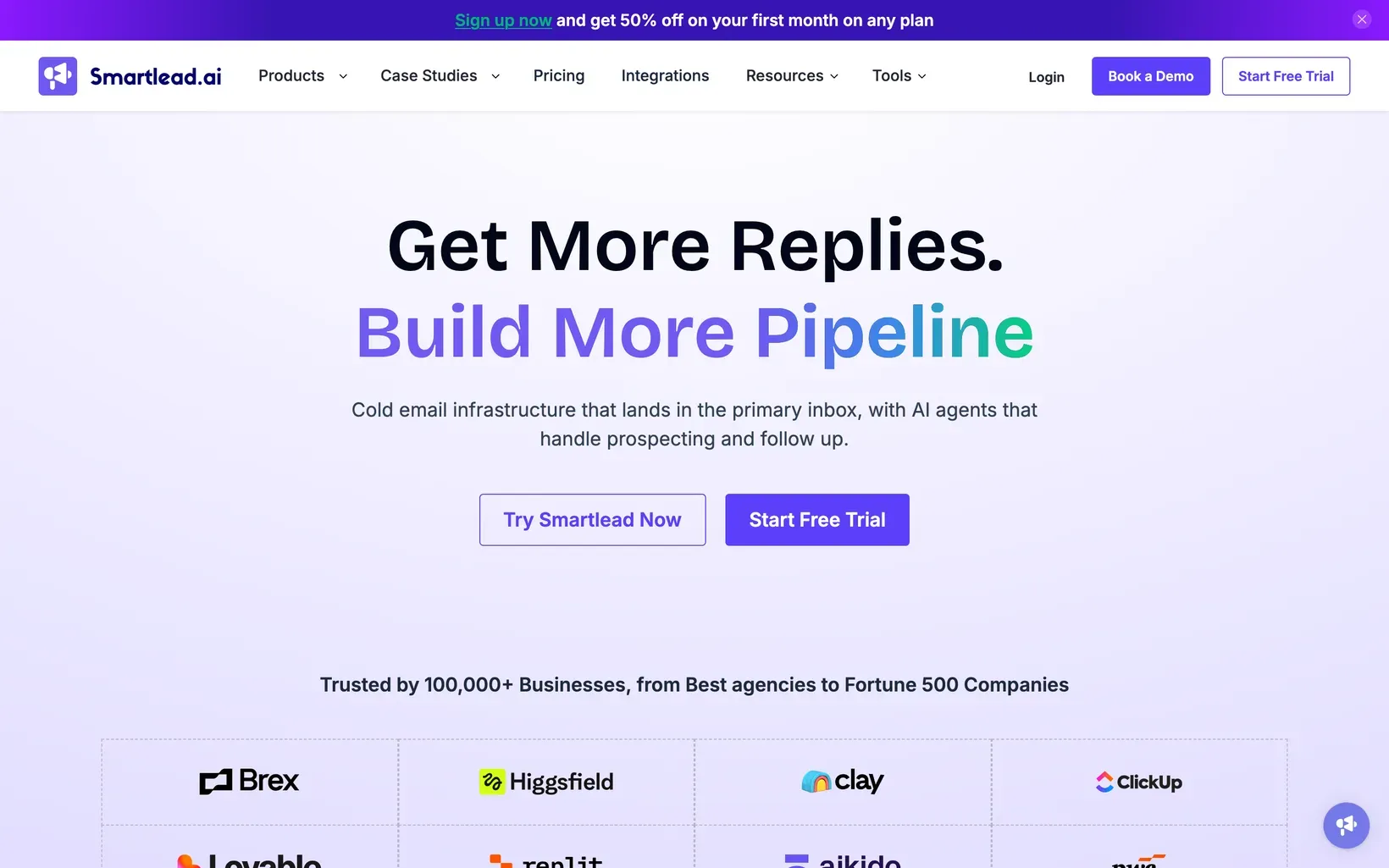 Page d’accueil de Smartlead, logiciel de cold email facturé au volume