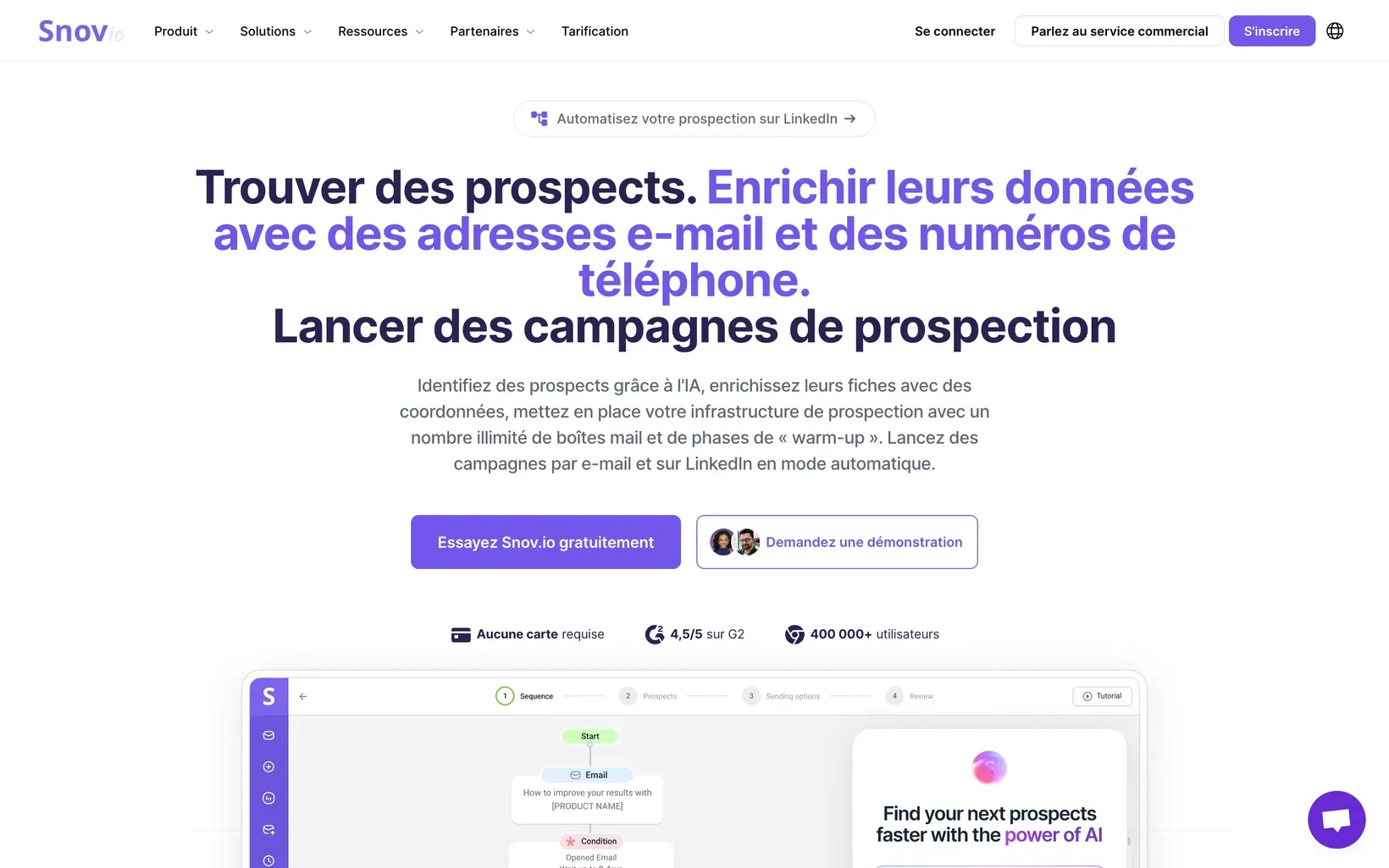 Page d’accueil de Snov.io, plateforme d’email finder et de cold email