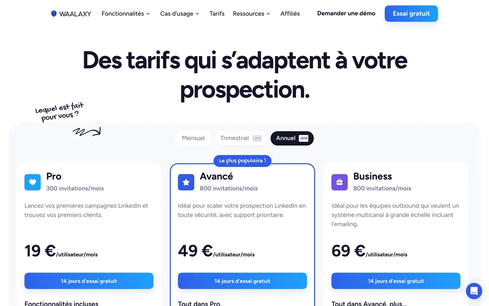 Page tarifs de Waalaxy en facturation annuelle : Pro à 19 €, Avancé à 49 €, Business à 69 € par utilisateur et par mois